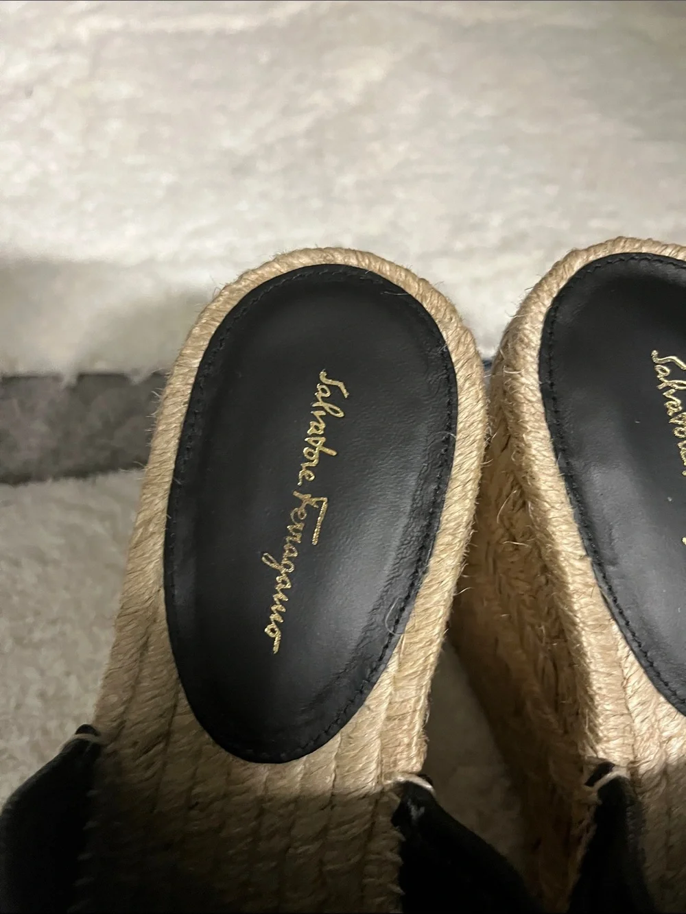 Salvatore Ferragamo Black Leather Espadrille Wedge Slides with Gold Plaque